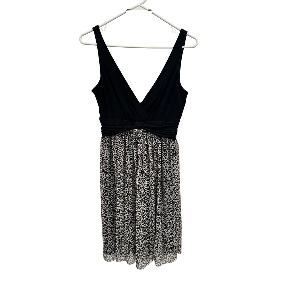 London Times Black Swirl Print V-Neck Empire Waist Cocktail Dress Size 10